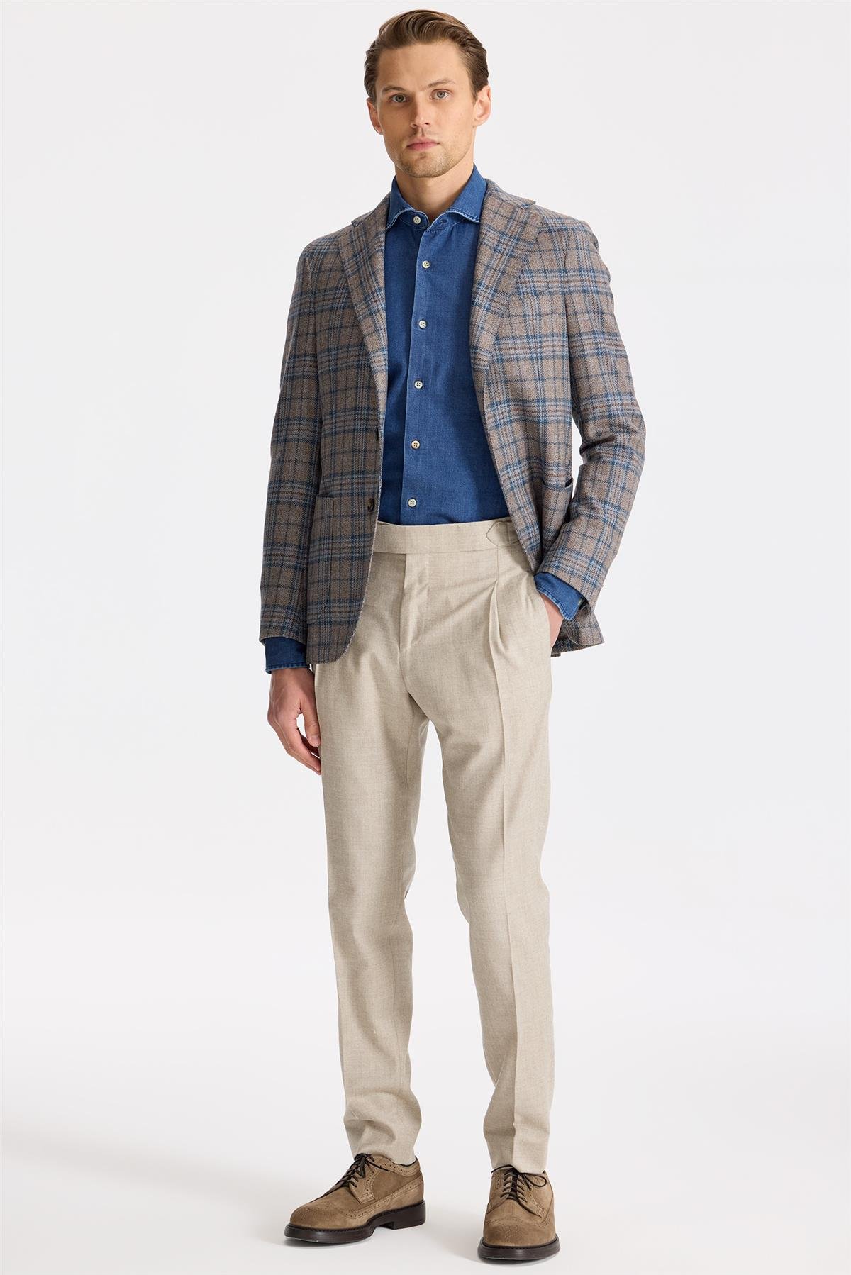 Kahverengi Mavi Ekoseli Yün İpek Ceket