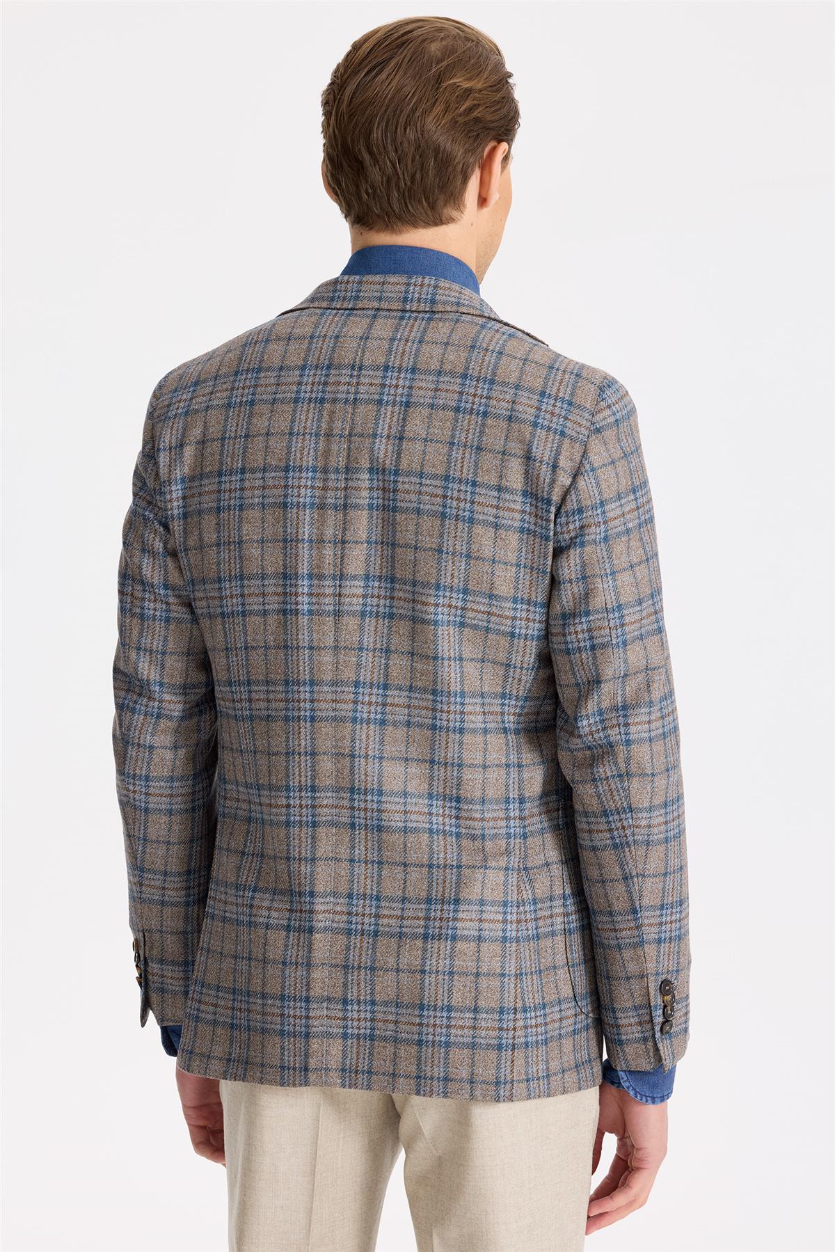 Kahverengi Mavi Ekoseli Yün İpek Ceket