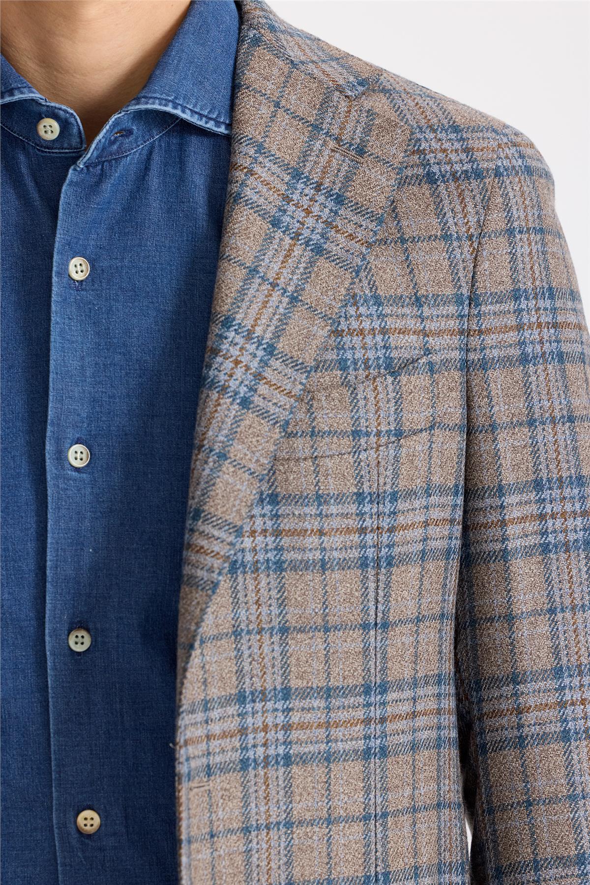 Kahverengi Mavi Ekoseli Yün İpek Ceket