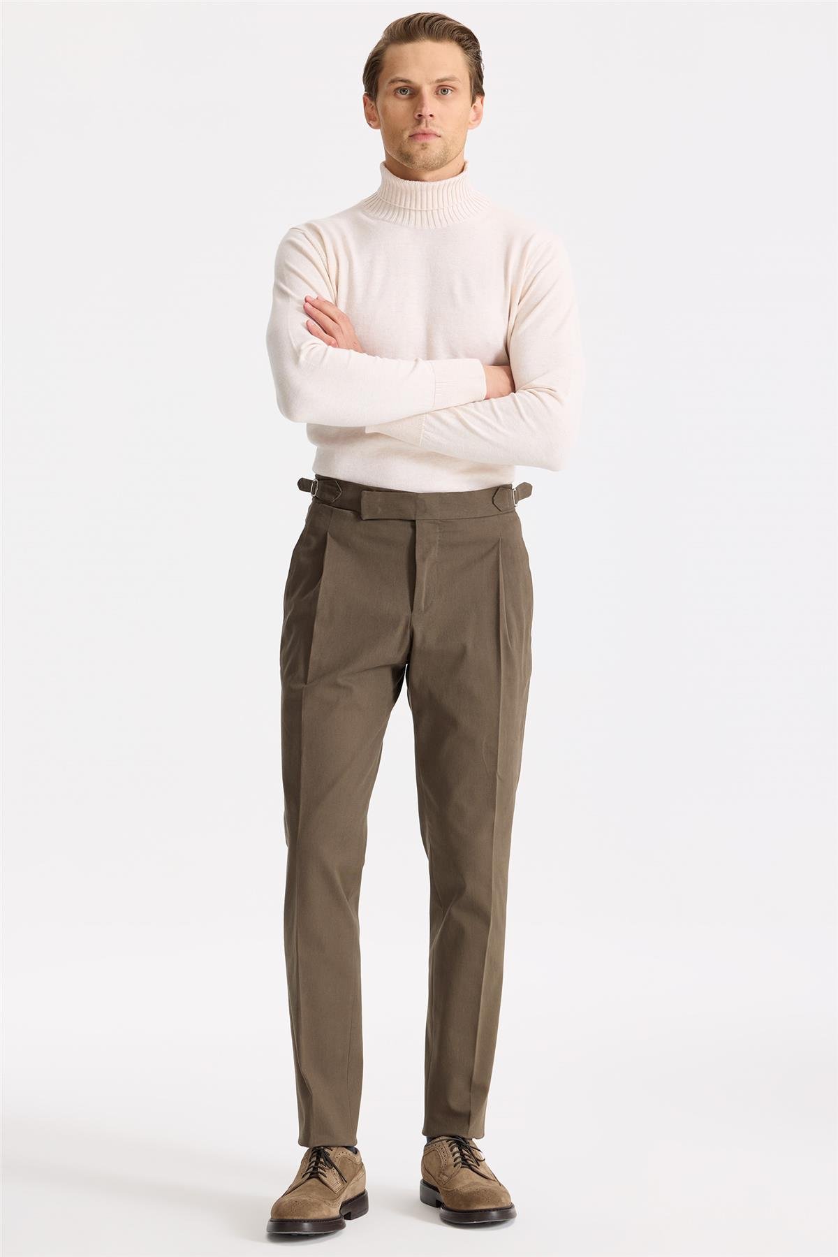 Kahverengi Tokalı Pamuk Pantolon