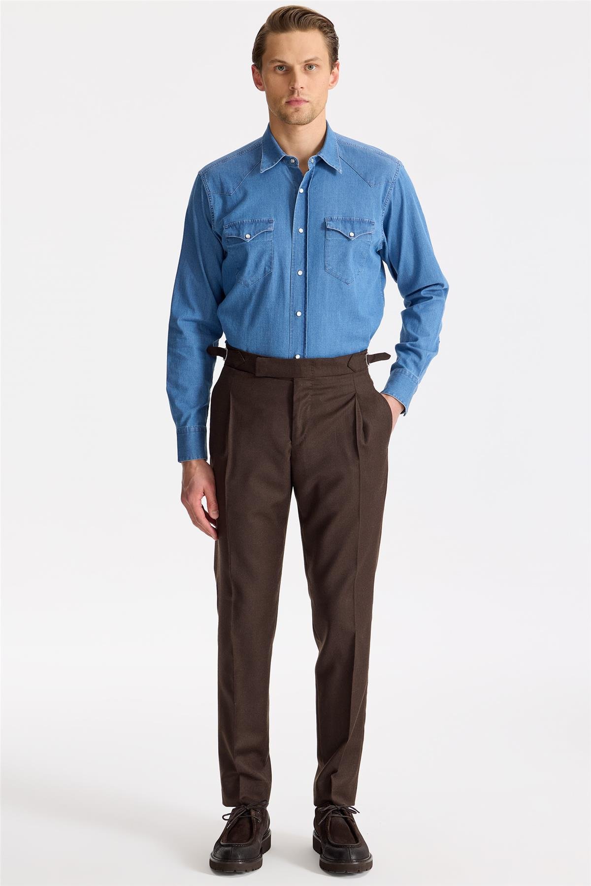 Kahverengi Tokalı Yün Flanel Pantolon