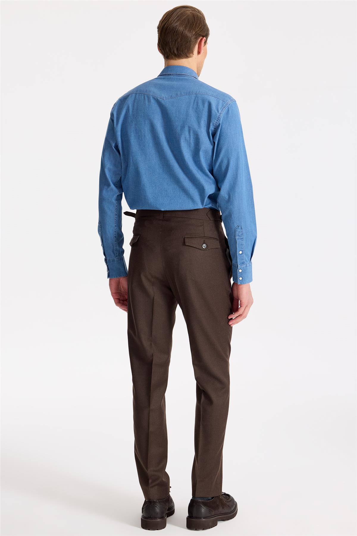 Kahverengi Tokalı Yün Flanel Pantolon