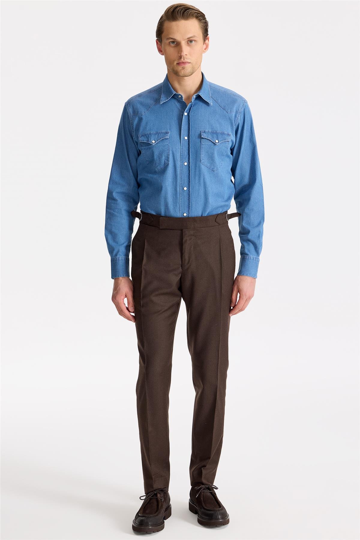 Kahverengi Tokalı Yün Flanel Pantolon