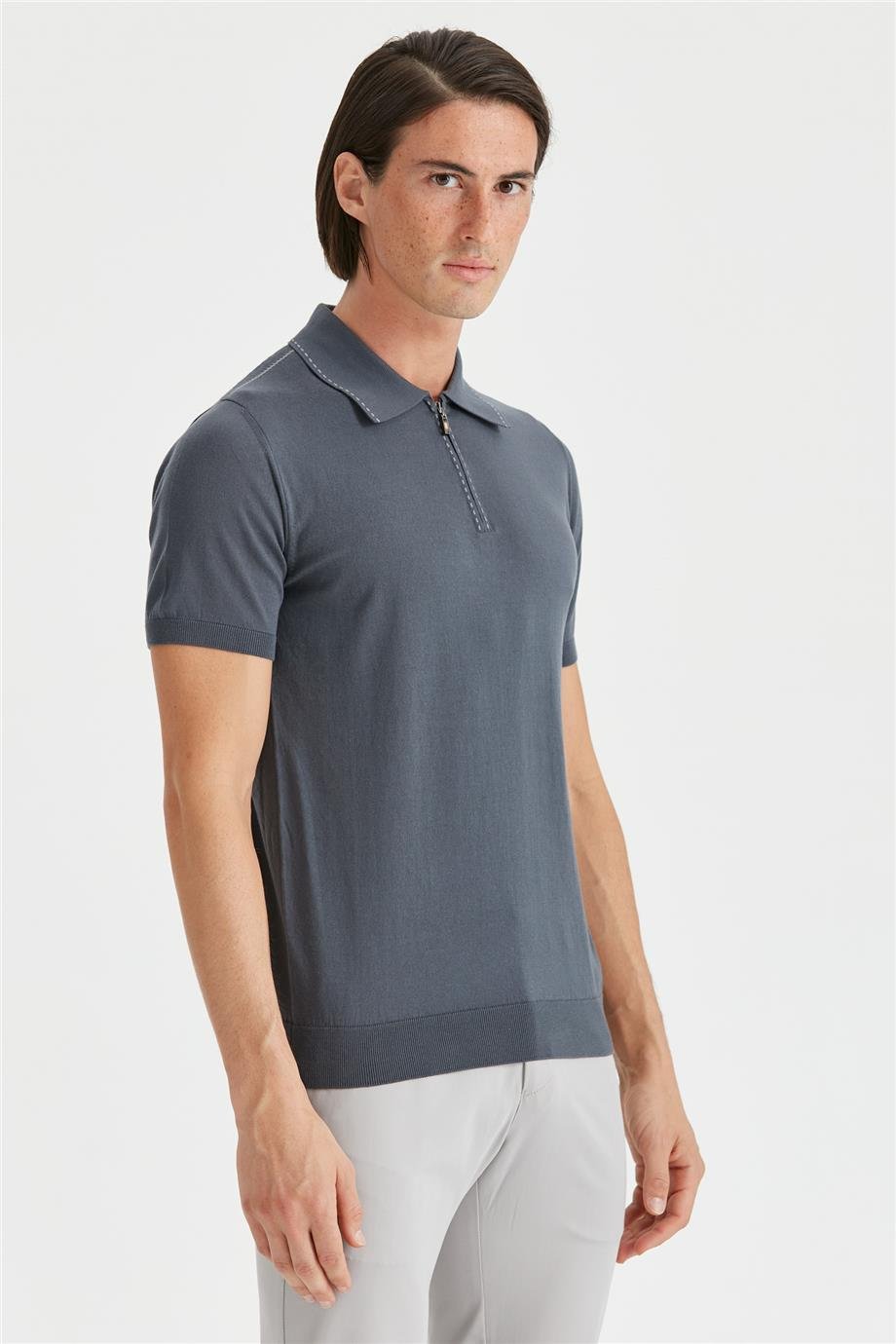 Koyu Gri Polo Yaka Erkek Pamuk Triko