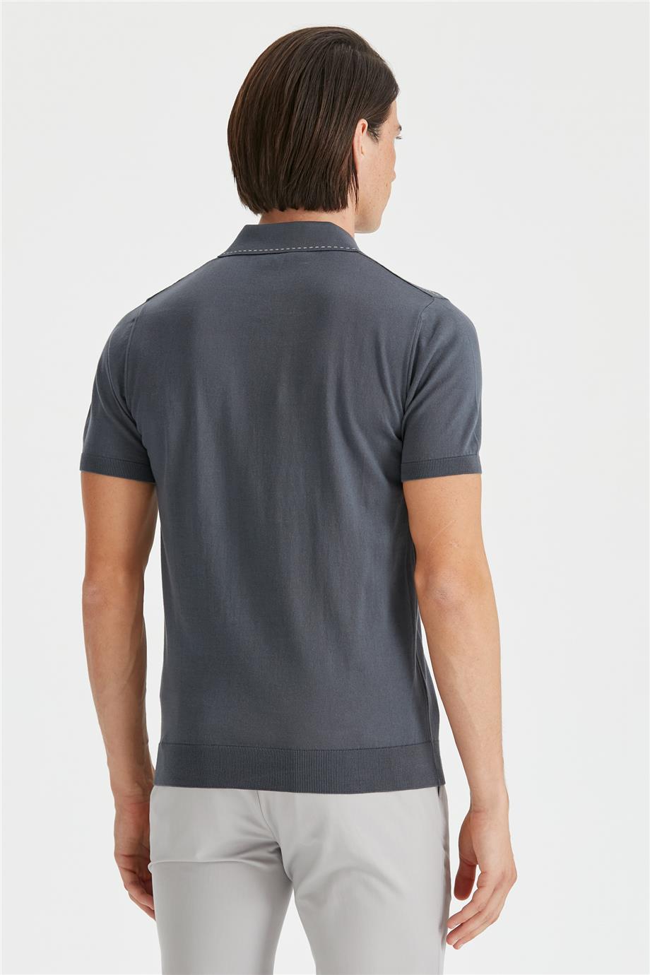 Koyu Gri Polo Yaka Erkek Pamuk Triko