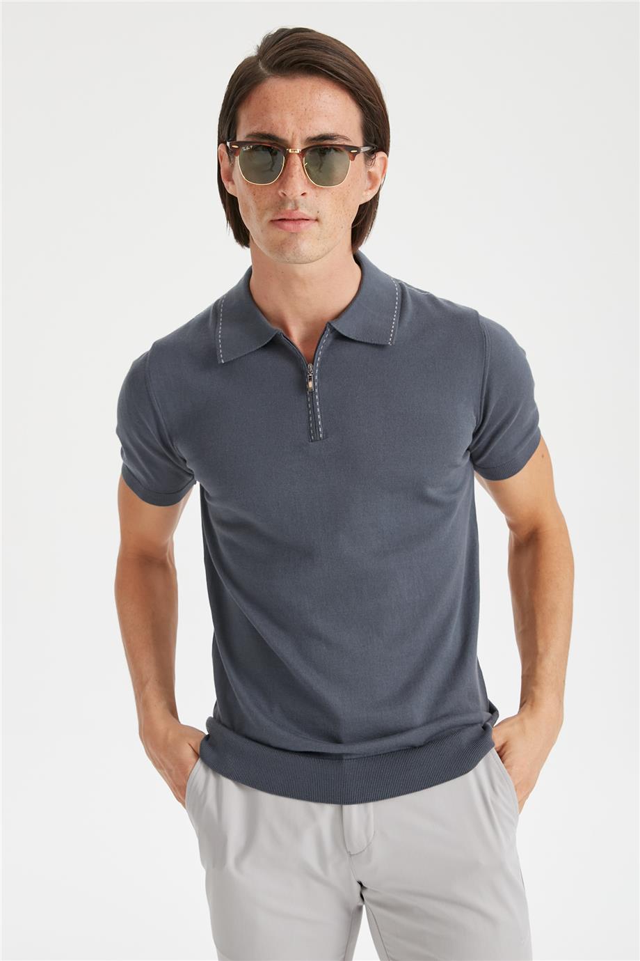 Koyu Gri Polo Yaka Erkek Pamuk Triko