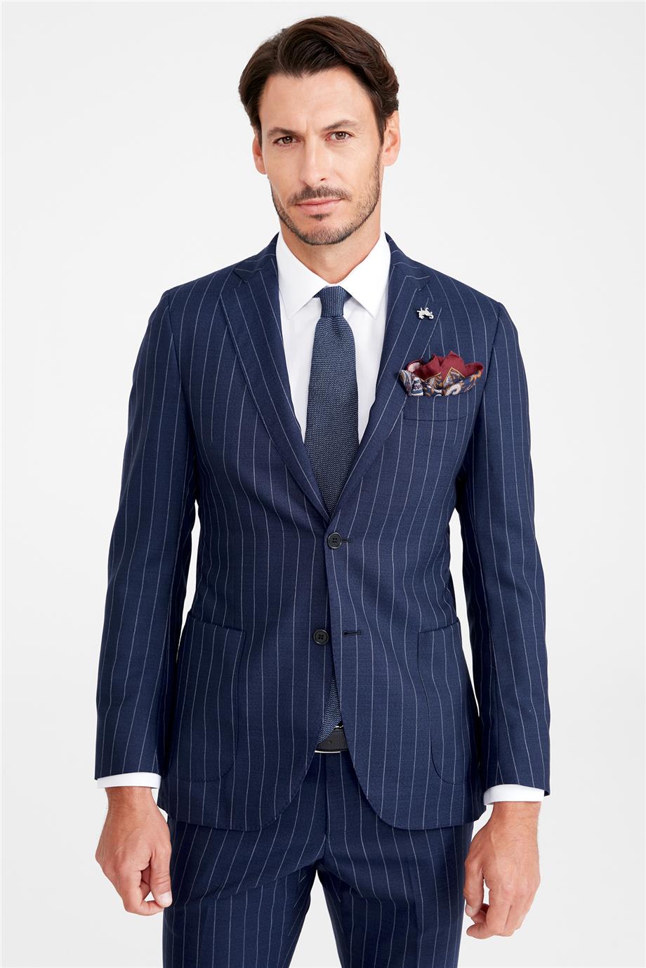 Koyu Mavi Çizgili Yün Takım Elibse