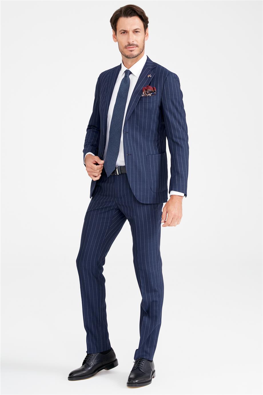 Koyu Mavi Çizgili Yün Takım Elibse