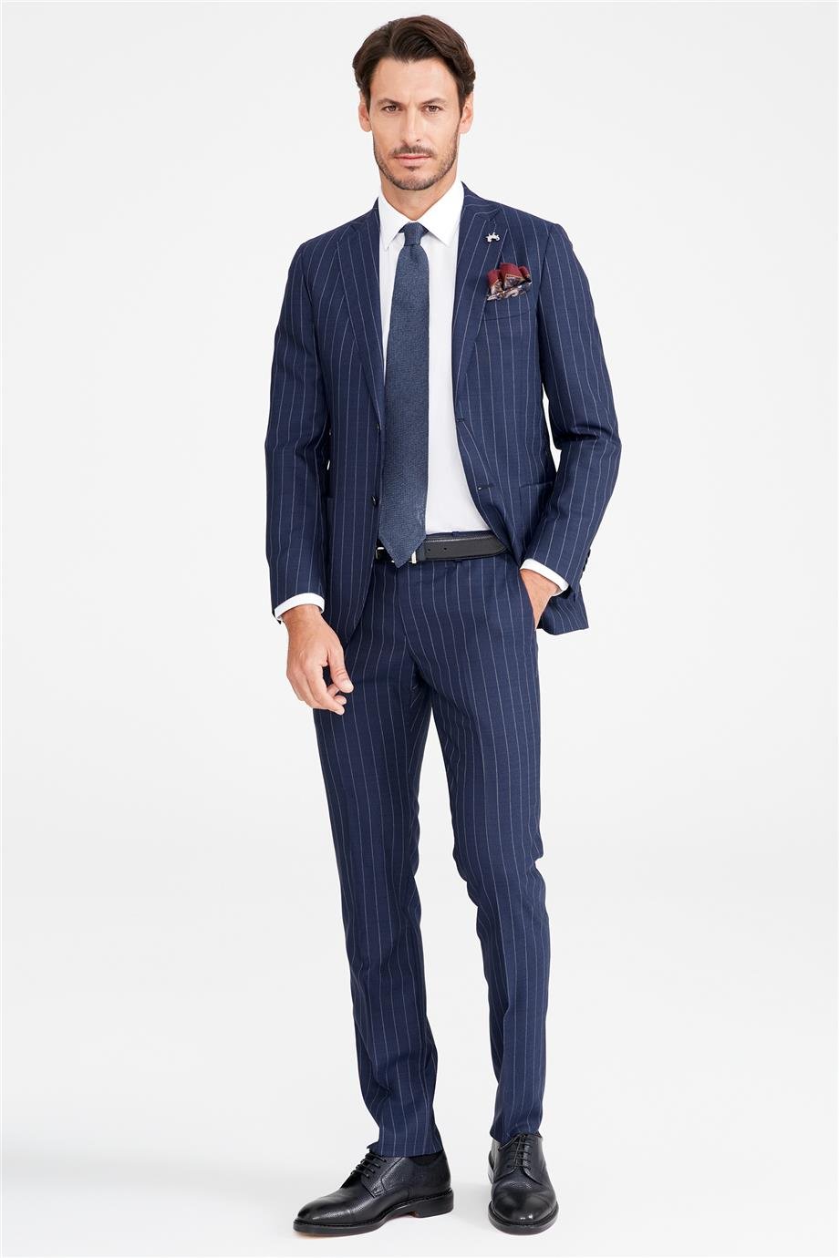Koyu Mavi Çizgili Yün Takım Elibse
