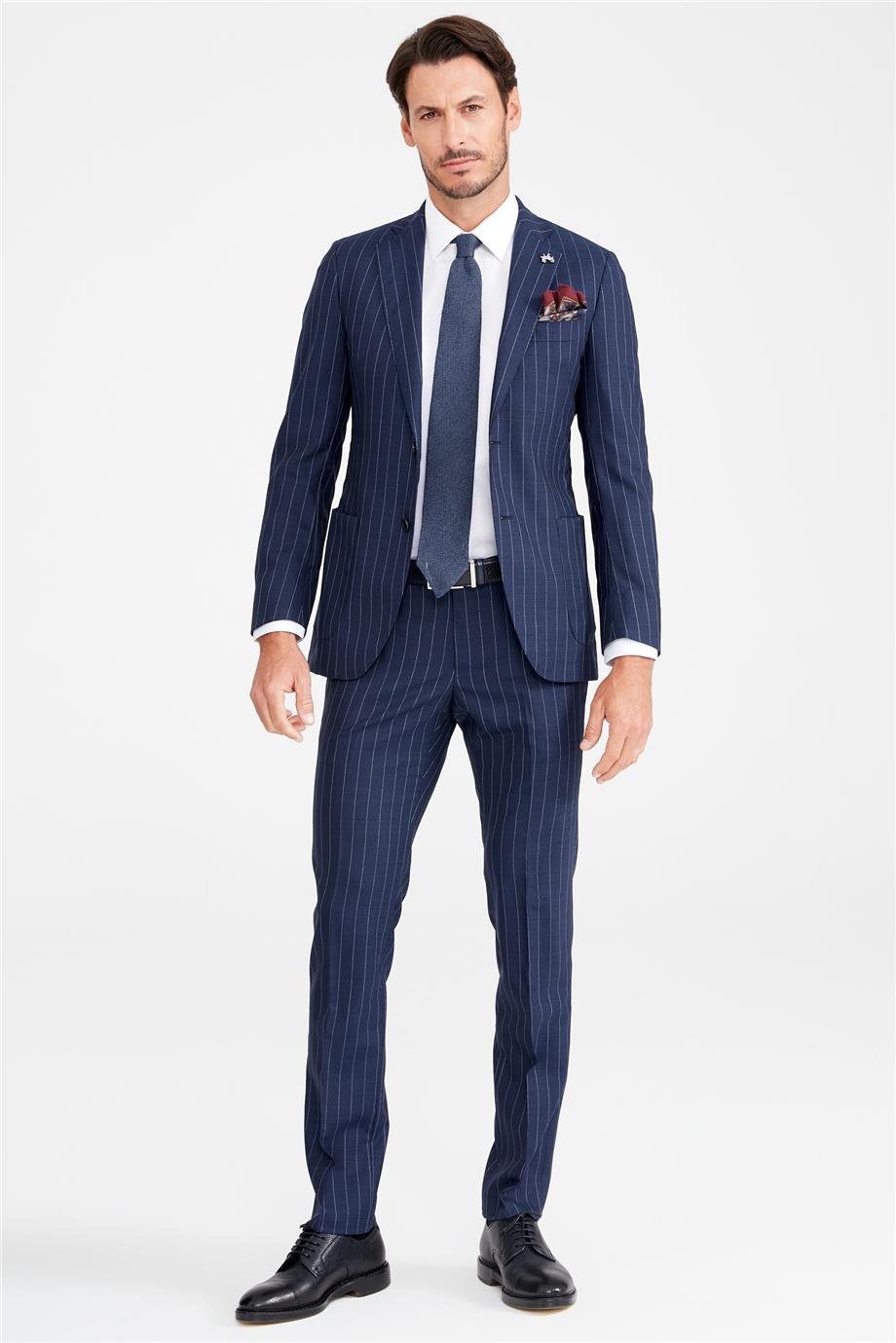 Koyu Mavi Çizgili Yün Takım Elibse