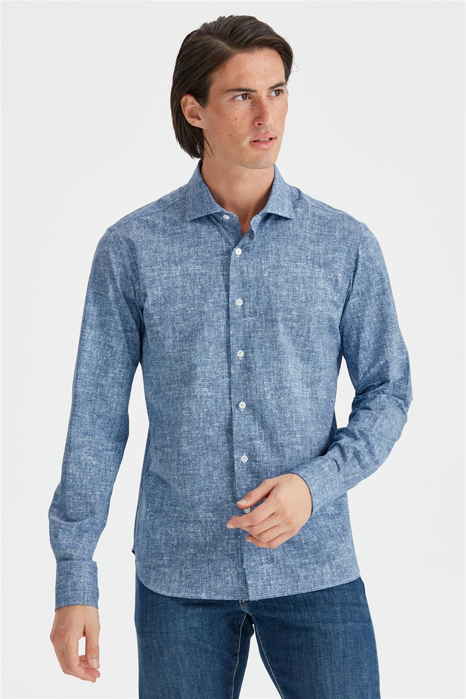 Koyu Mavi Desenli Teknik Kumaş Gömlek