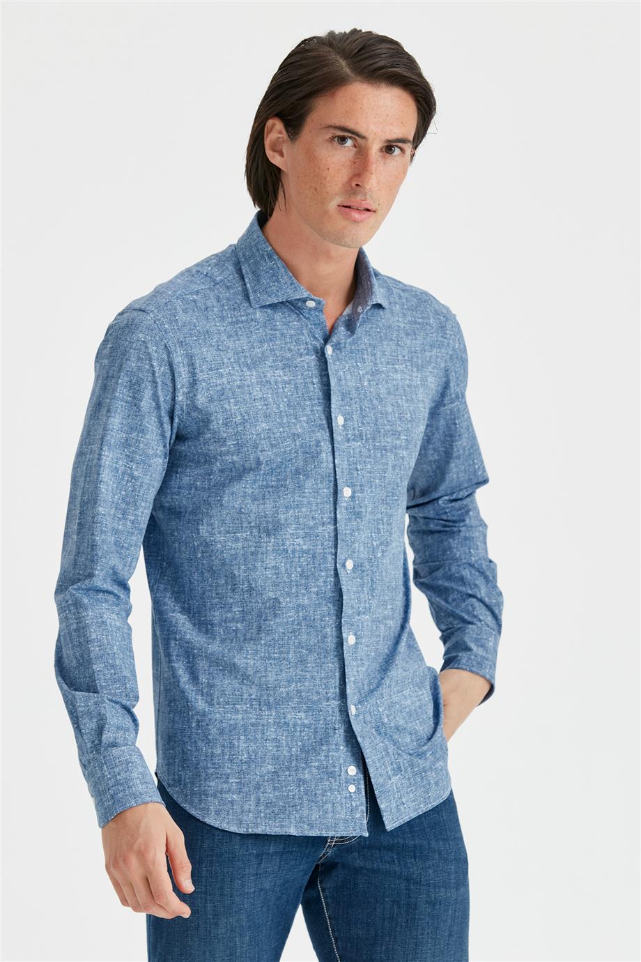 Koyu Mavi Desenli Teknik Kumaş Gömlek