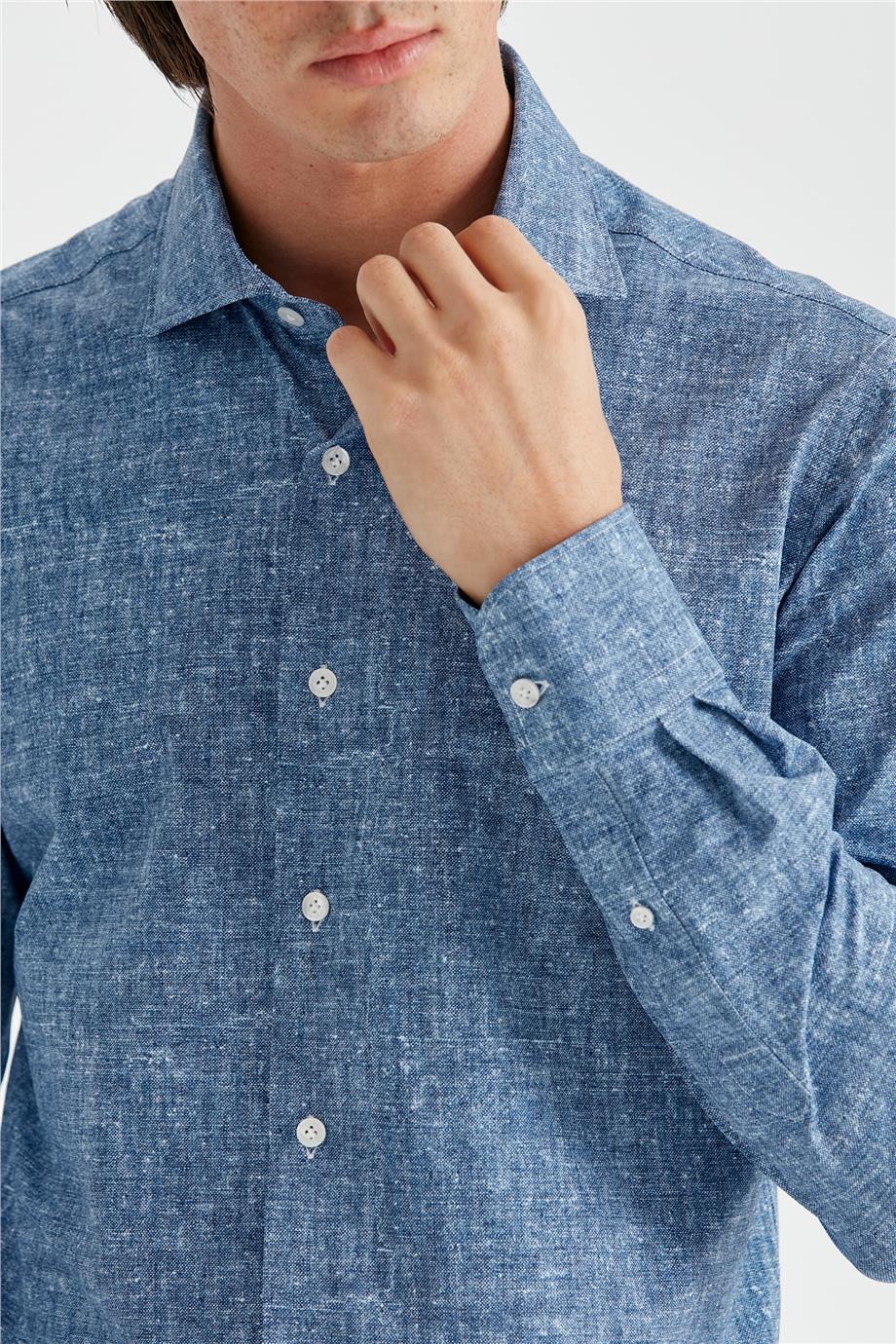 Koyu Mavi Desenli Teknik Kumaş Gömlek