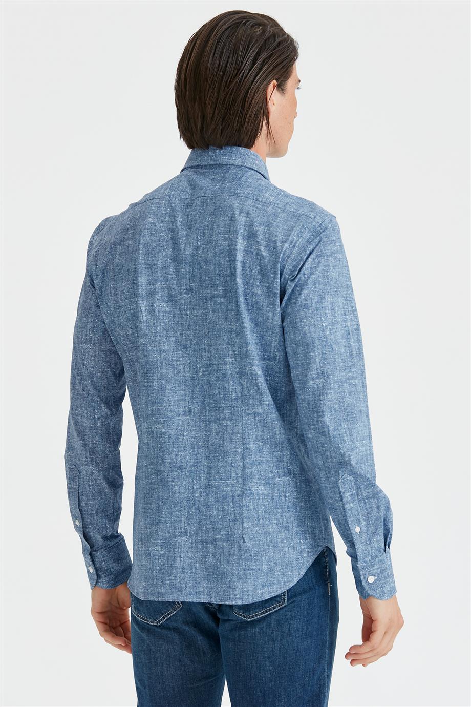 Koyu Mavi Desenli Teknik Kumaş Gömlek