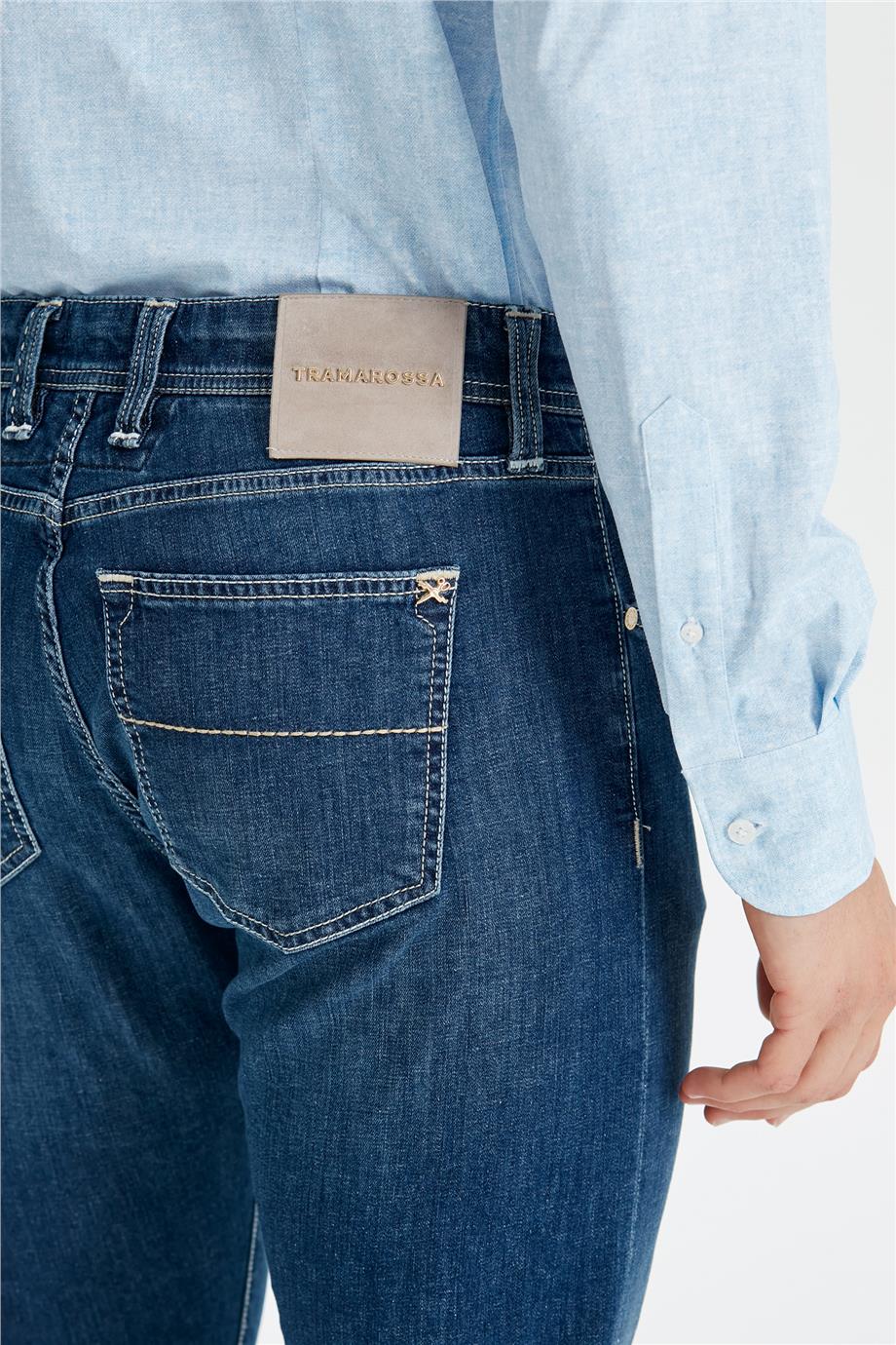 Koyu Mavi Keten Karışımlı Denim Pantolon