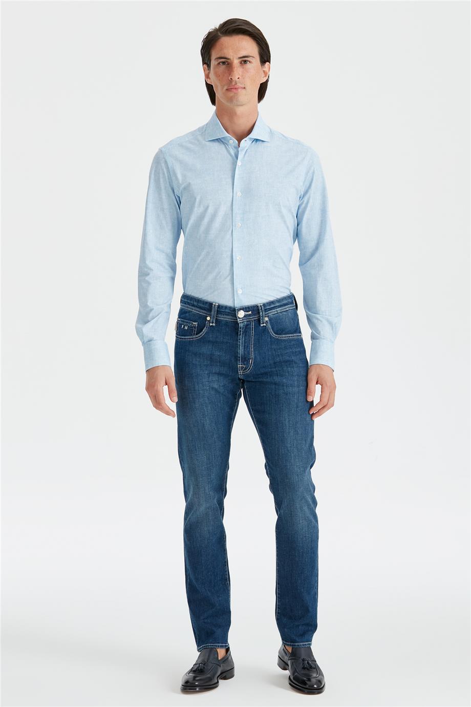 Koyu Mavi Keten Karışımlı Denim Pantolon