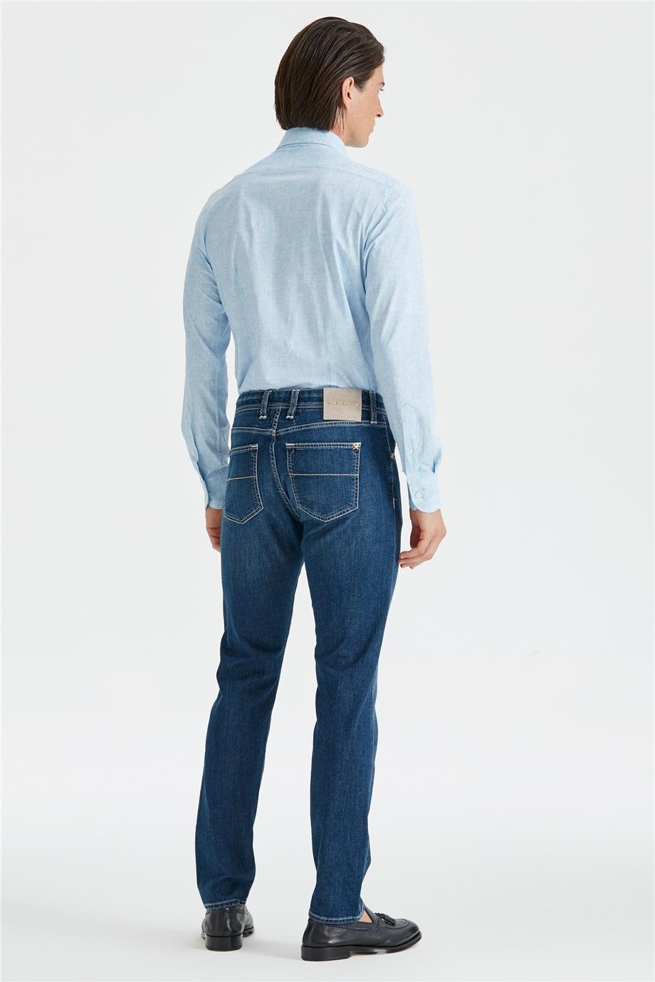 Koyu Mavi Keten Karışımlı Denim Pantolon