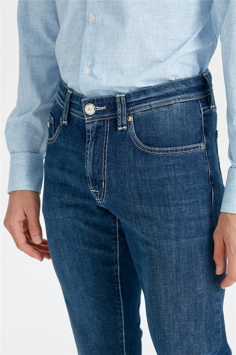 Koyu Mavi Keten Karışımlı Denim Pantolon