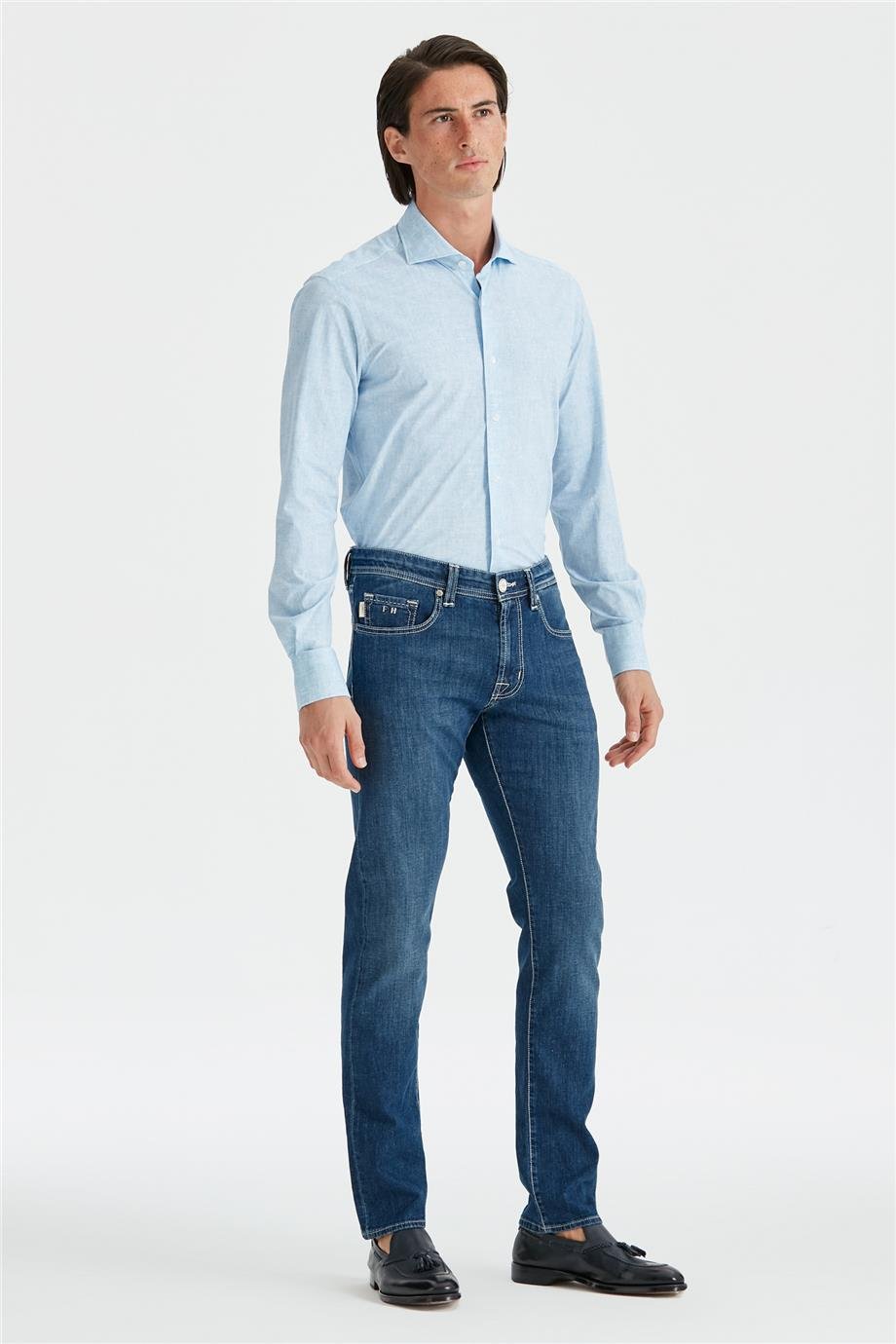 Koyu Mavi Keten Karışımlı Denim Pantolon