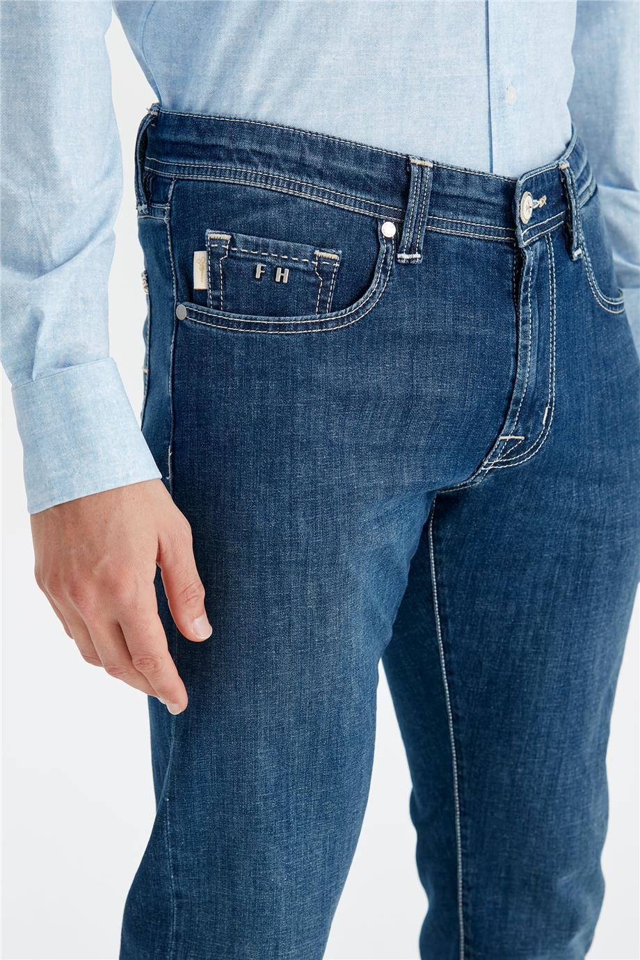 Koyu Mavi Keten Karışımlı Denim Pantolon