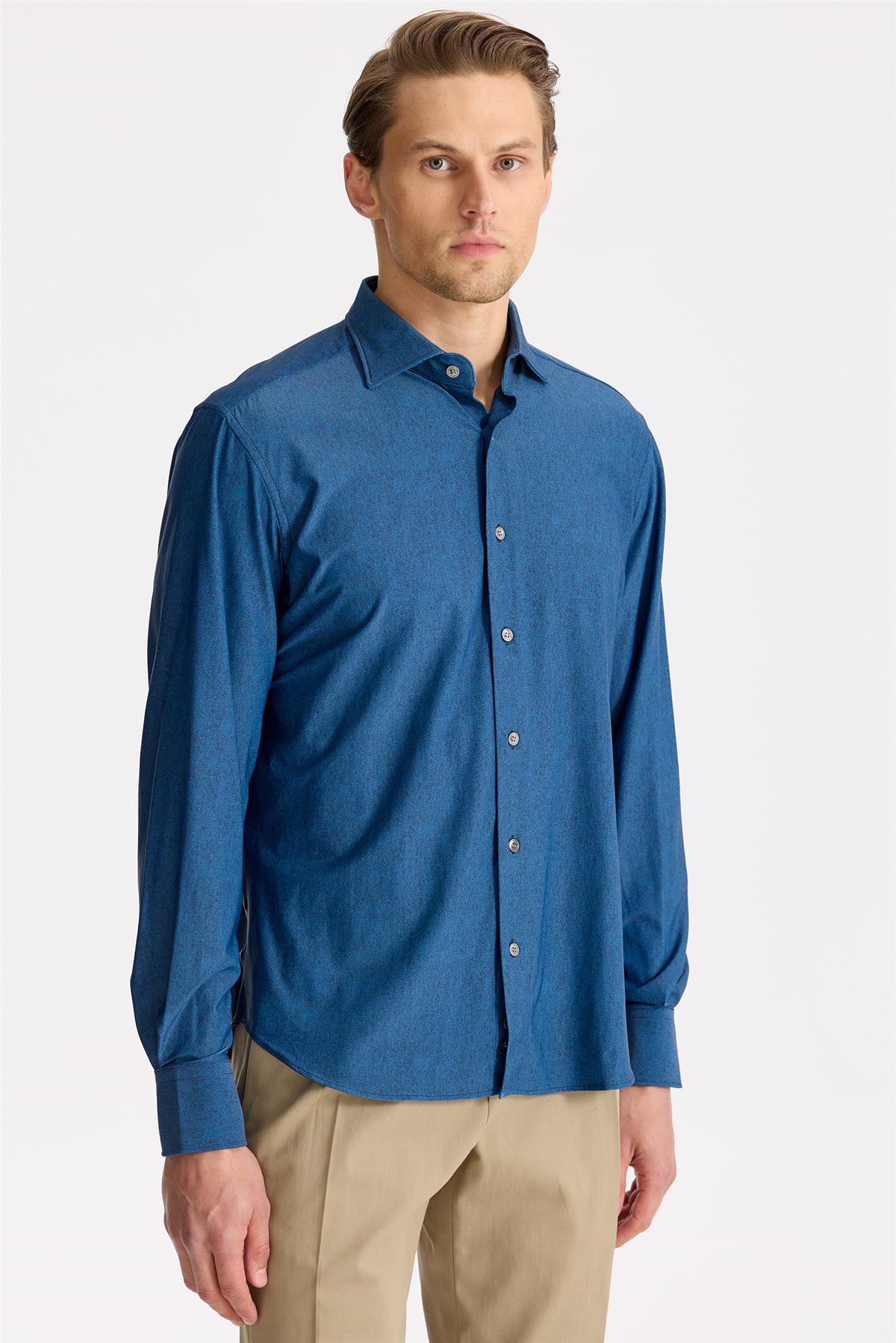 Koyu Mavi Teknik Kumaş Gömlek