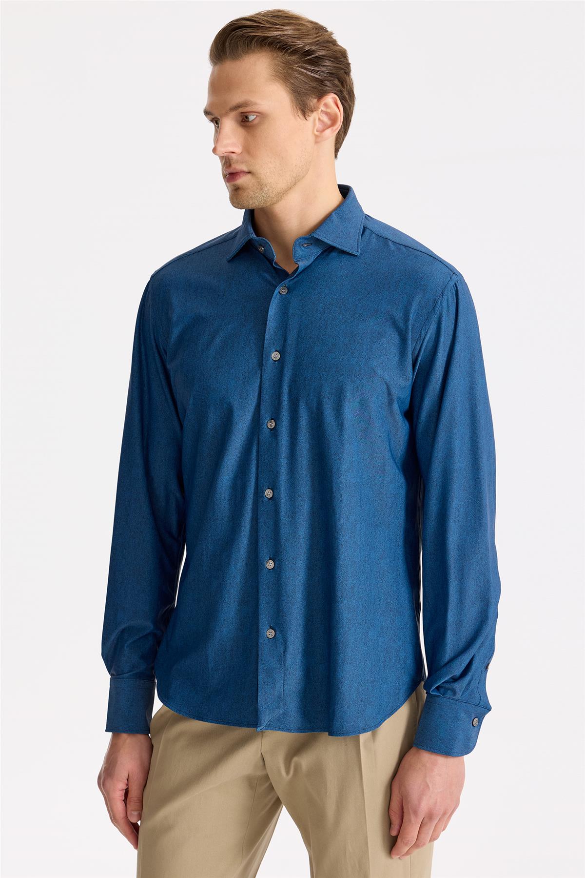 Koyu Mavi Teknik Kumaş Gömlek
