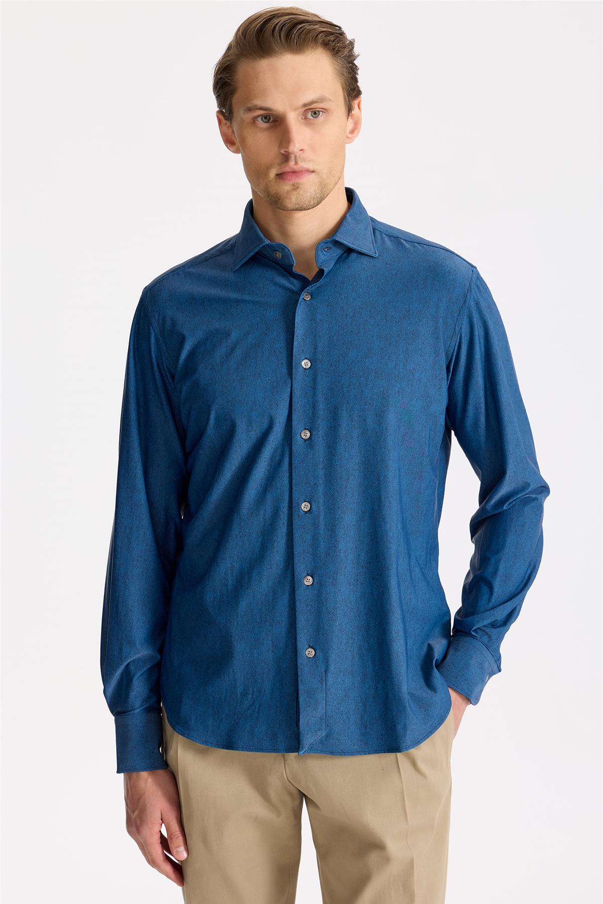 Koyu Mavi Teknik Kumaş Gömlek