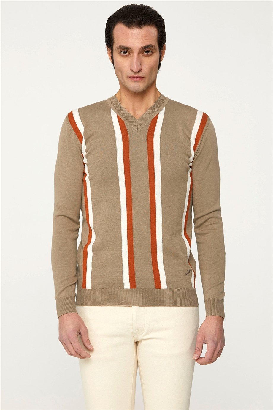 Cream Color Striped V-Neck Knitwear