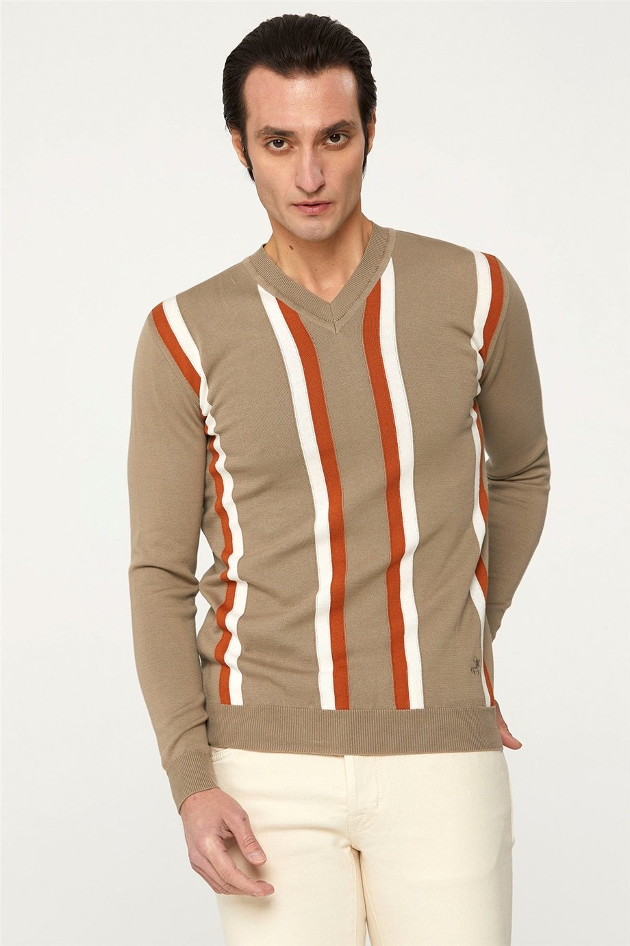 Cream Color Striped V-Neck Knitwear