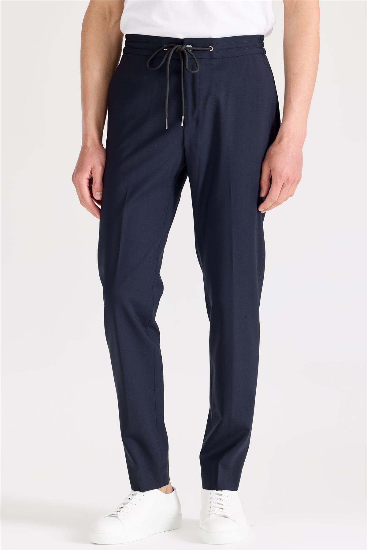 Lacivert Bağcıklı Yün Pantolon 