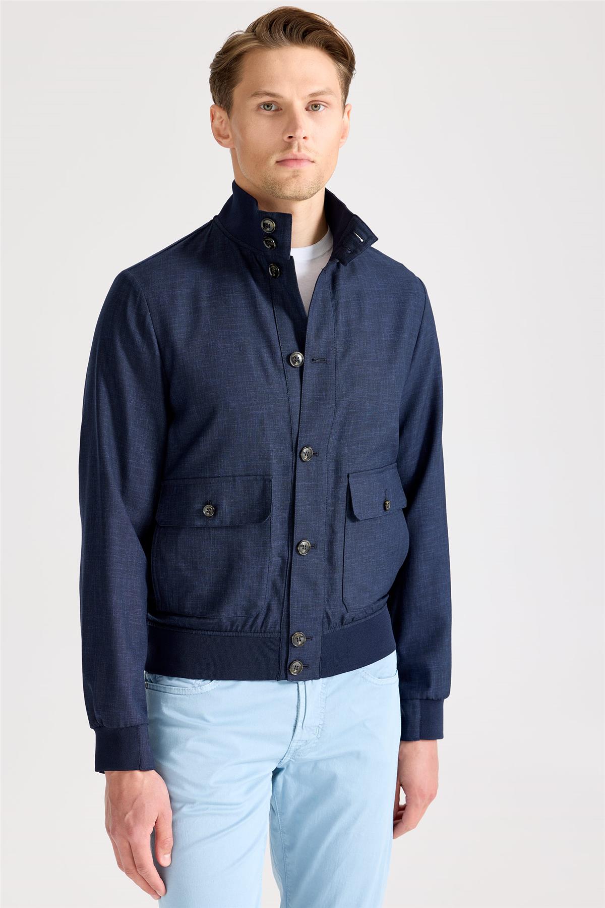 Lacivert Baharlık Bomber Yün Mont