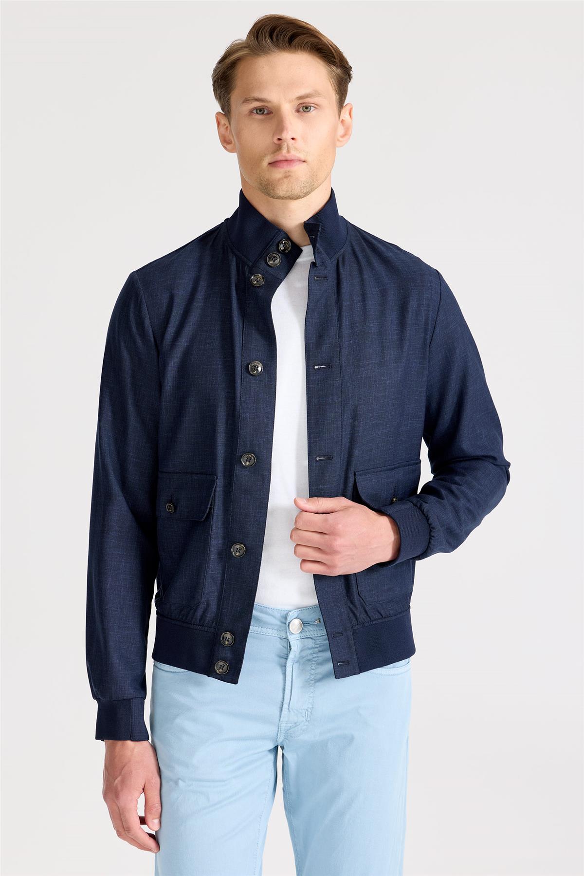 Lacivert Baharlık Bomber Yün Mont