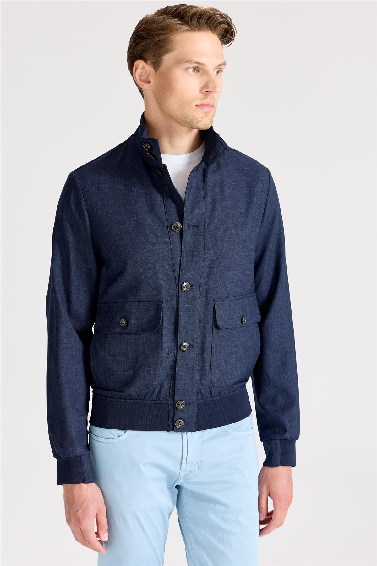 Lacivert Baharlık Bomber Yün Mont