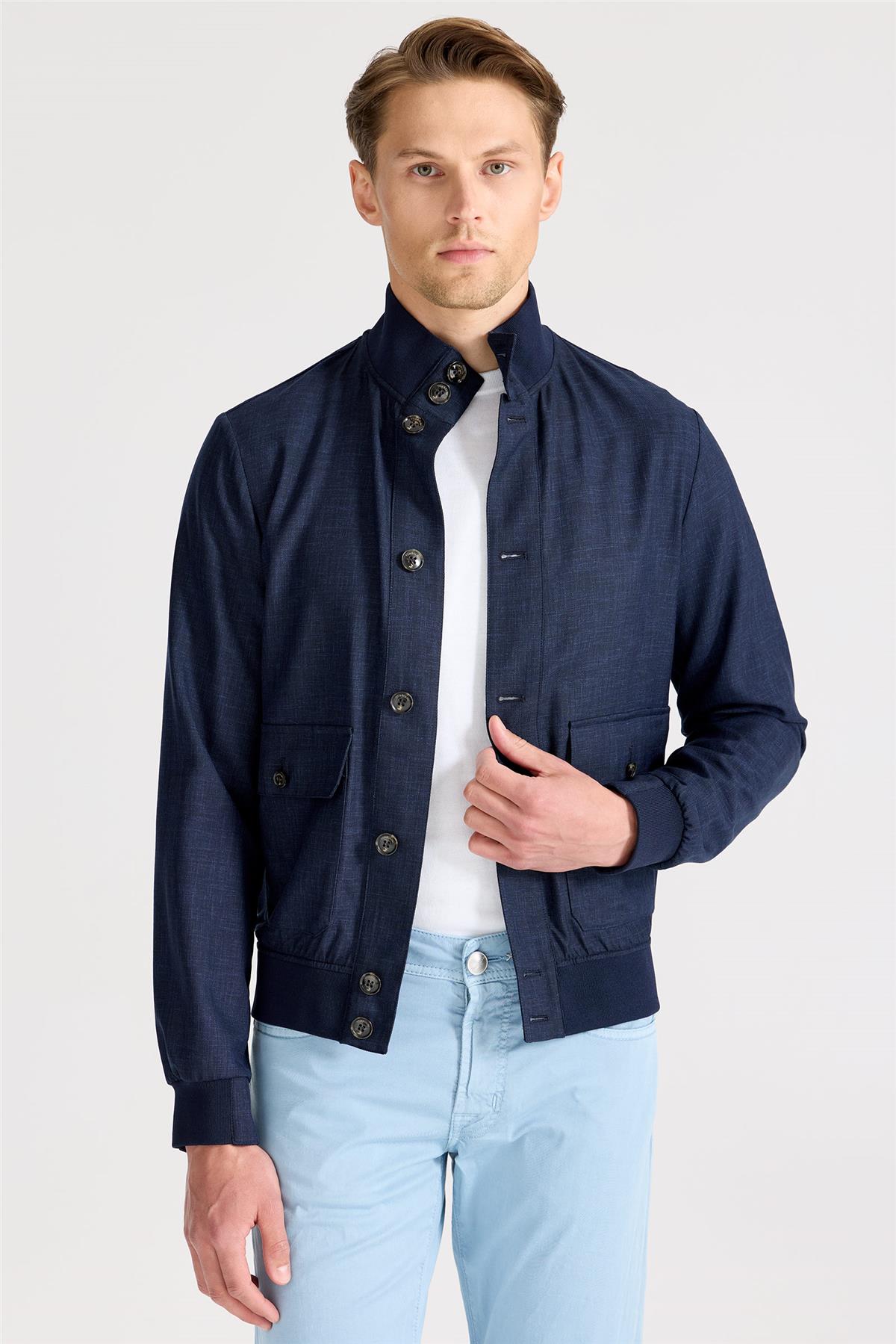 Lacivert Baharlık Bomber Yün Mont