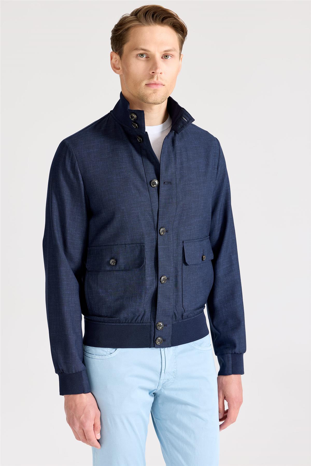 Lacivert Baharlık Bomber Yün Mont