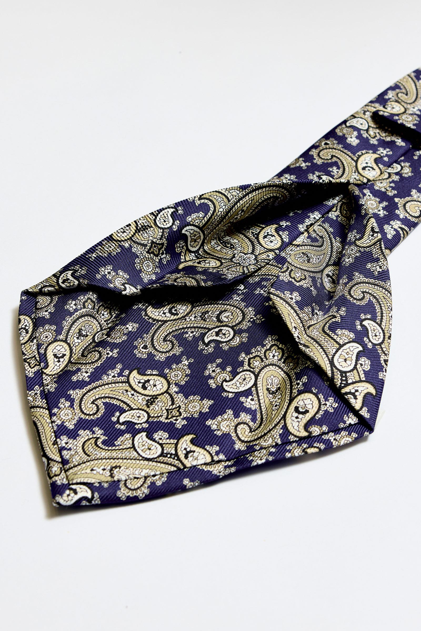 Lacivert Bej 5 Fold İpek Kravat