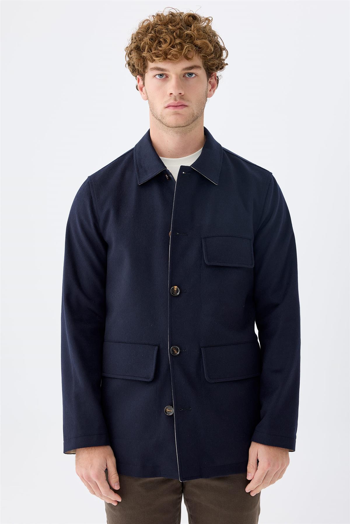 Lacivert Bej Çift Taraflı Kaşmir Mont