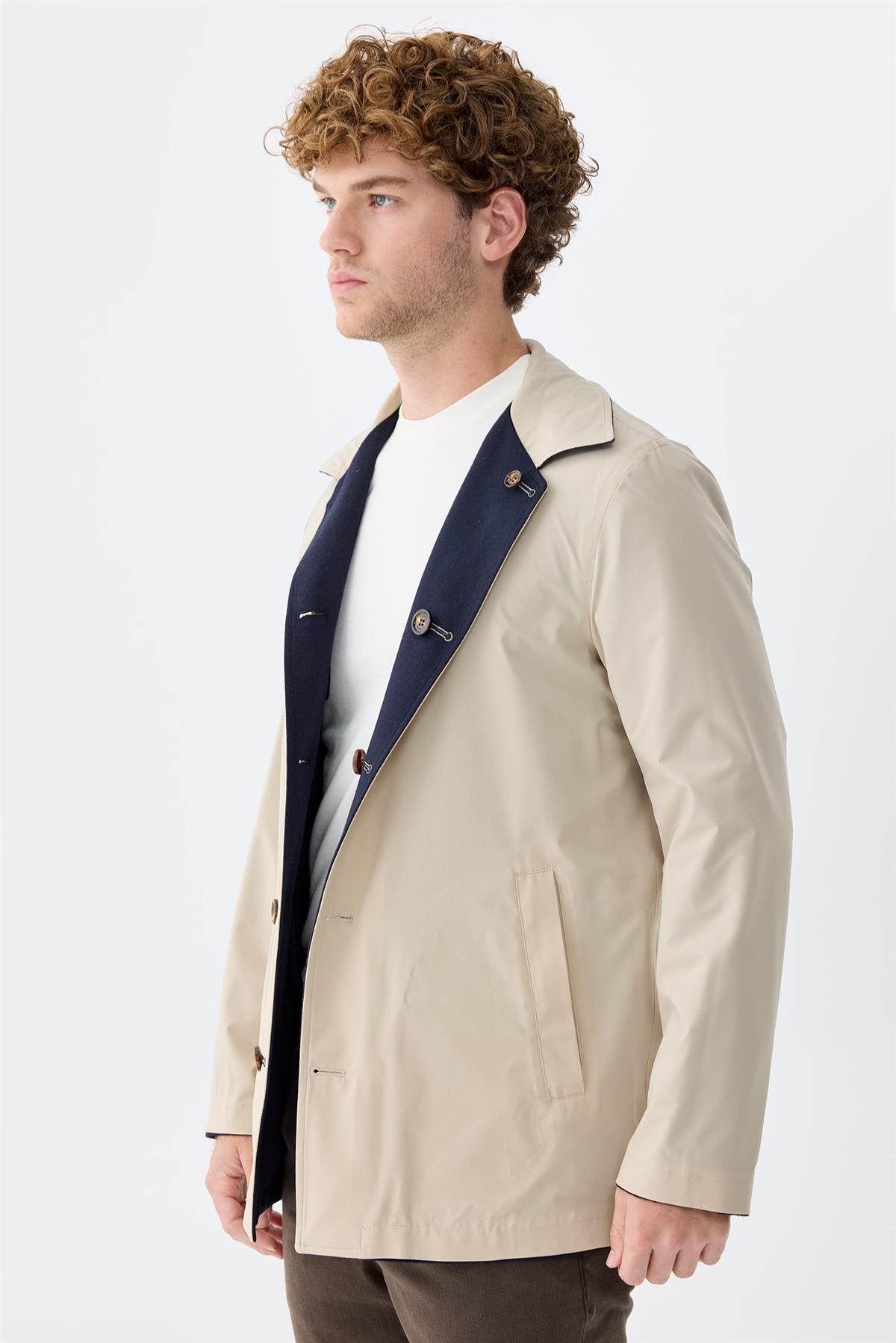 Lacivert Bej Çift Taraflı Kaşmir Mont