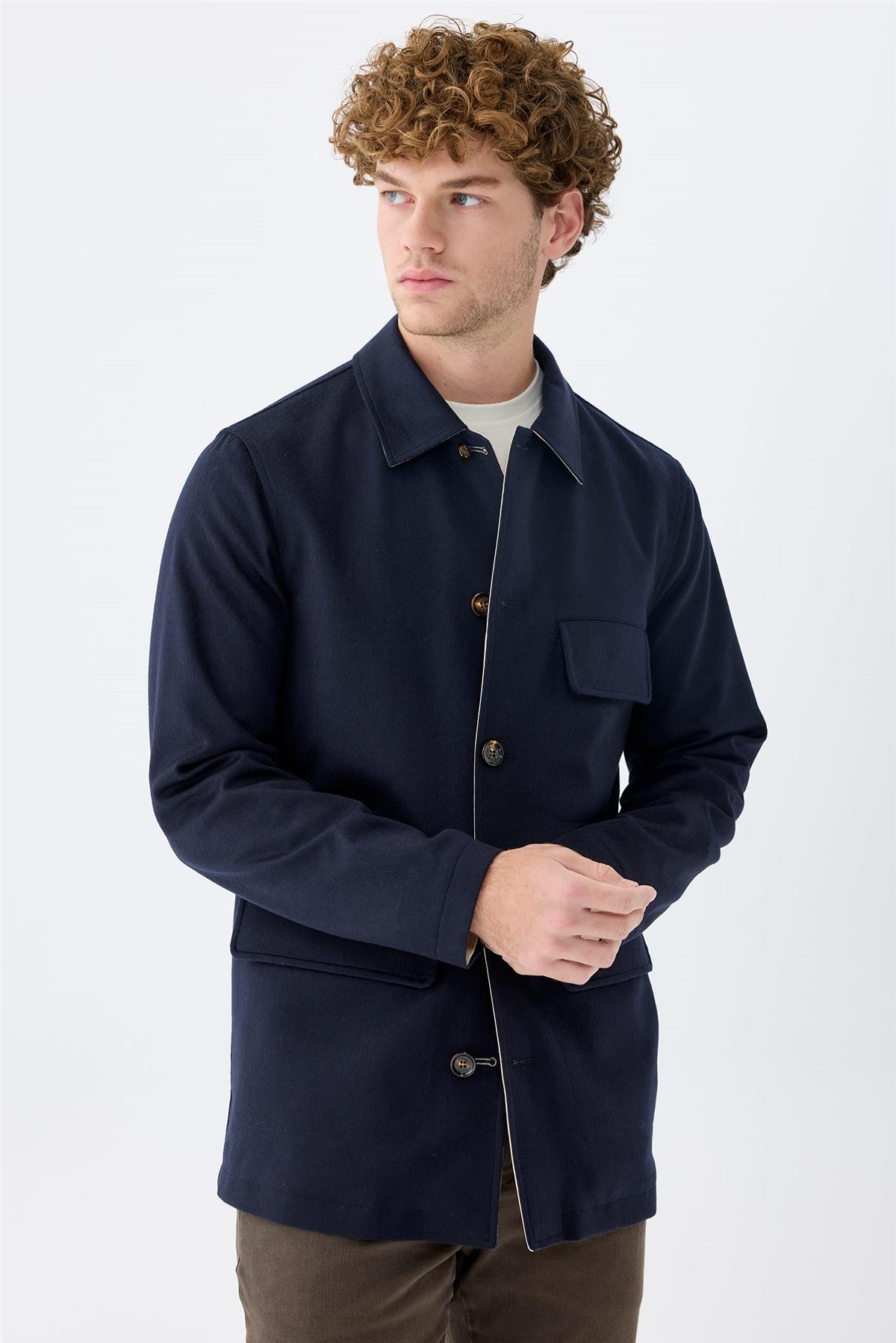 Lacivert Bej Çift Taraflı Kaşmir Mont