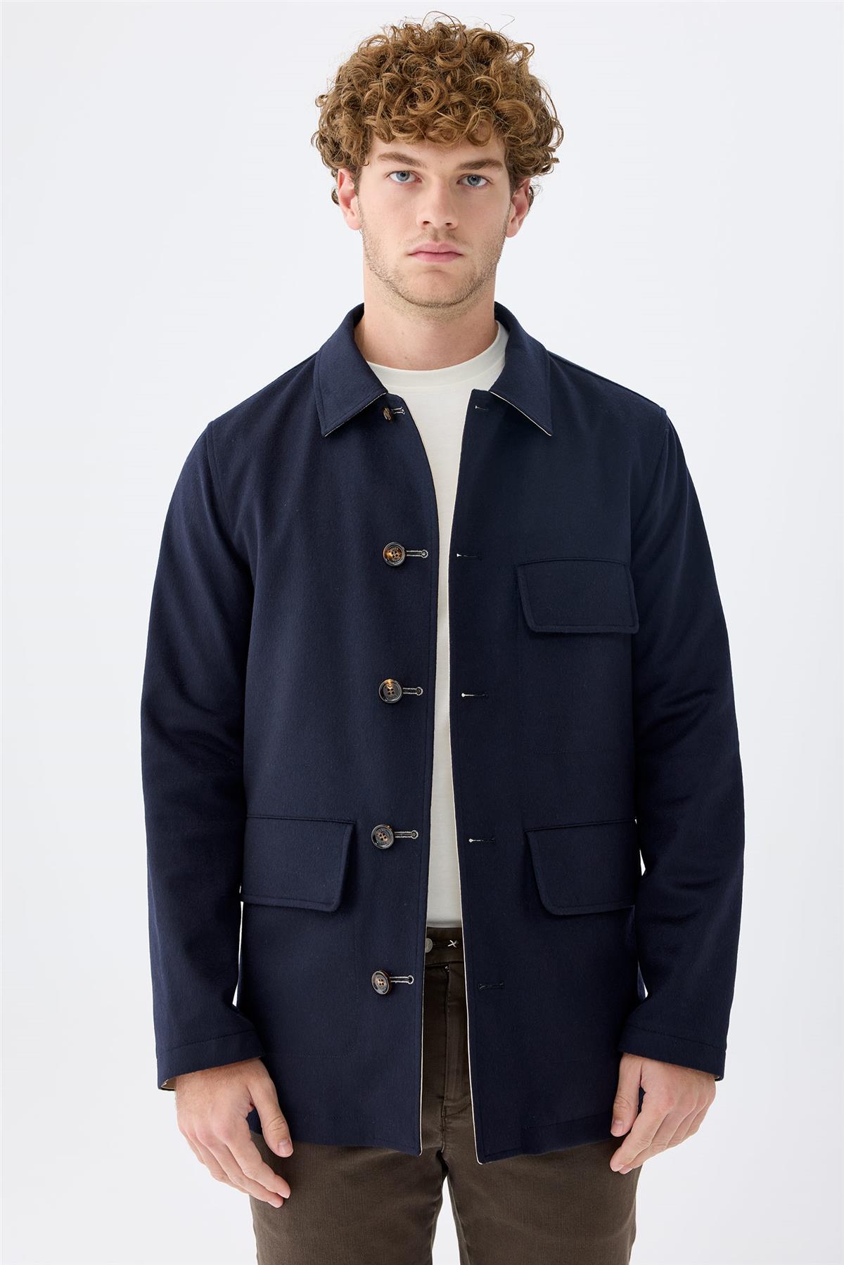 Lacivert Bej Çift Taraflı Kaşmir Mont