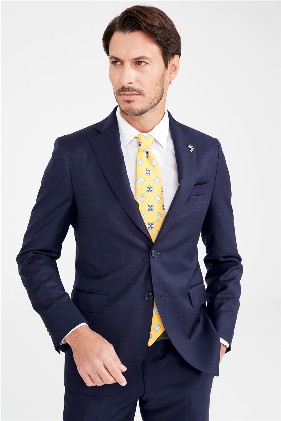 Lacivert Bordo Kareli Yün Takım Elbise