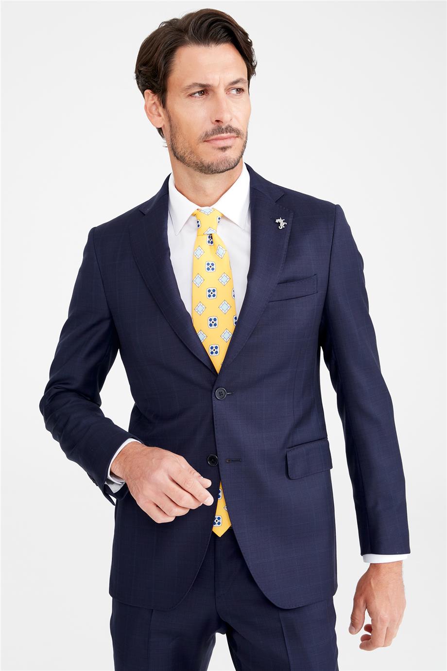 Lacivert Bordo Kareli Yün Takım Elbise