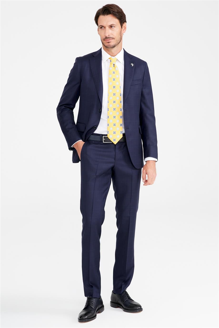 Lacivert Bordo Kareli Yün Takım Elbise