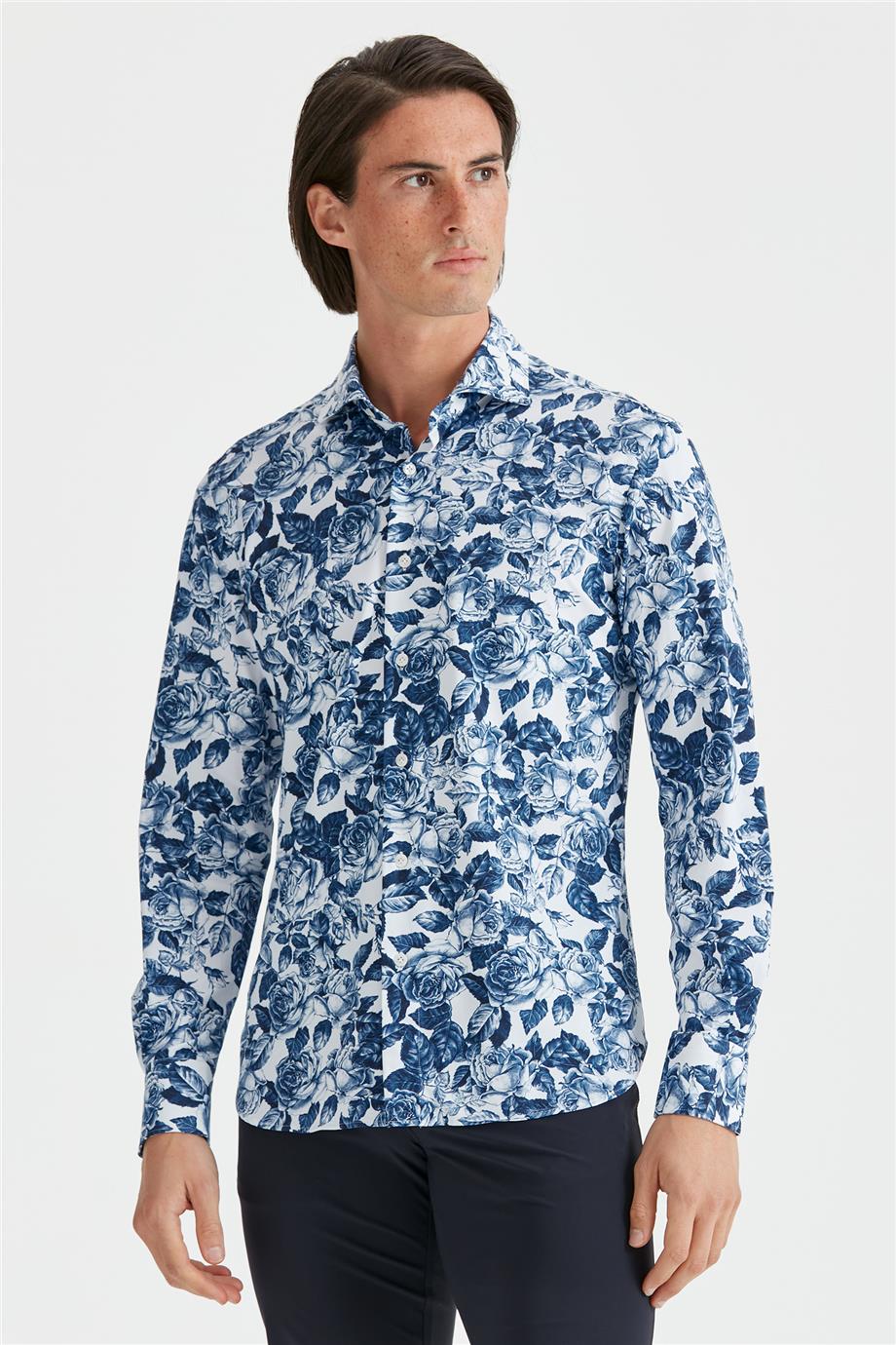 Lacivert Çiçek Desenli Teknik Gömlek