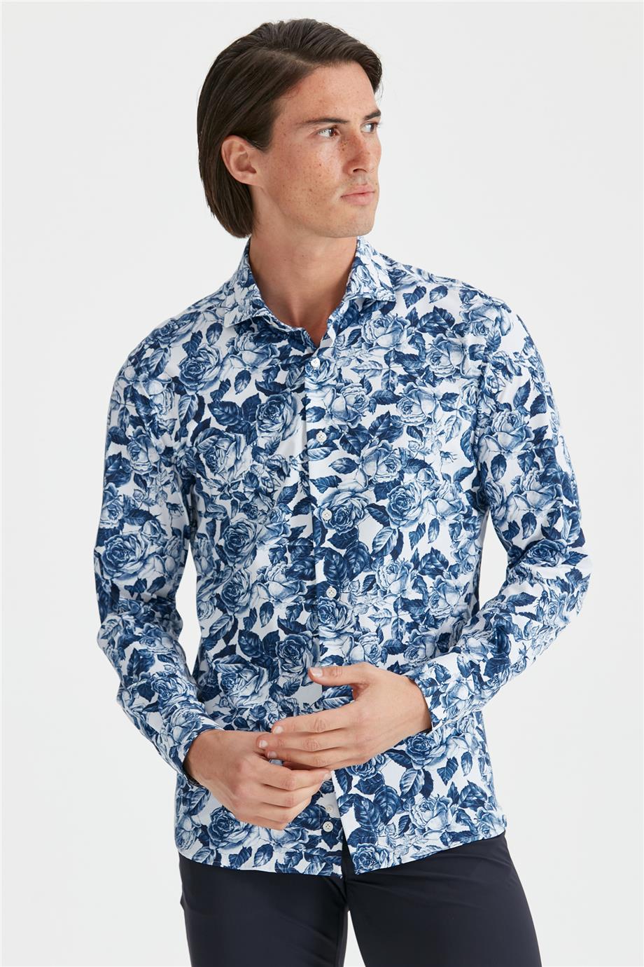 Lacivert Çiçek Desenli Teknik Gömlek