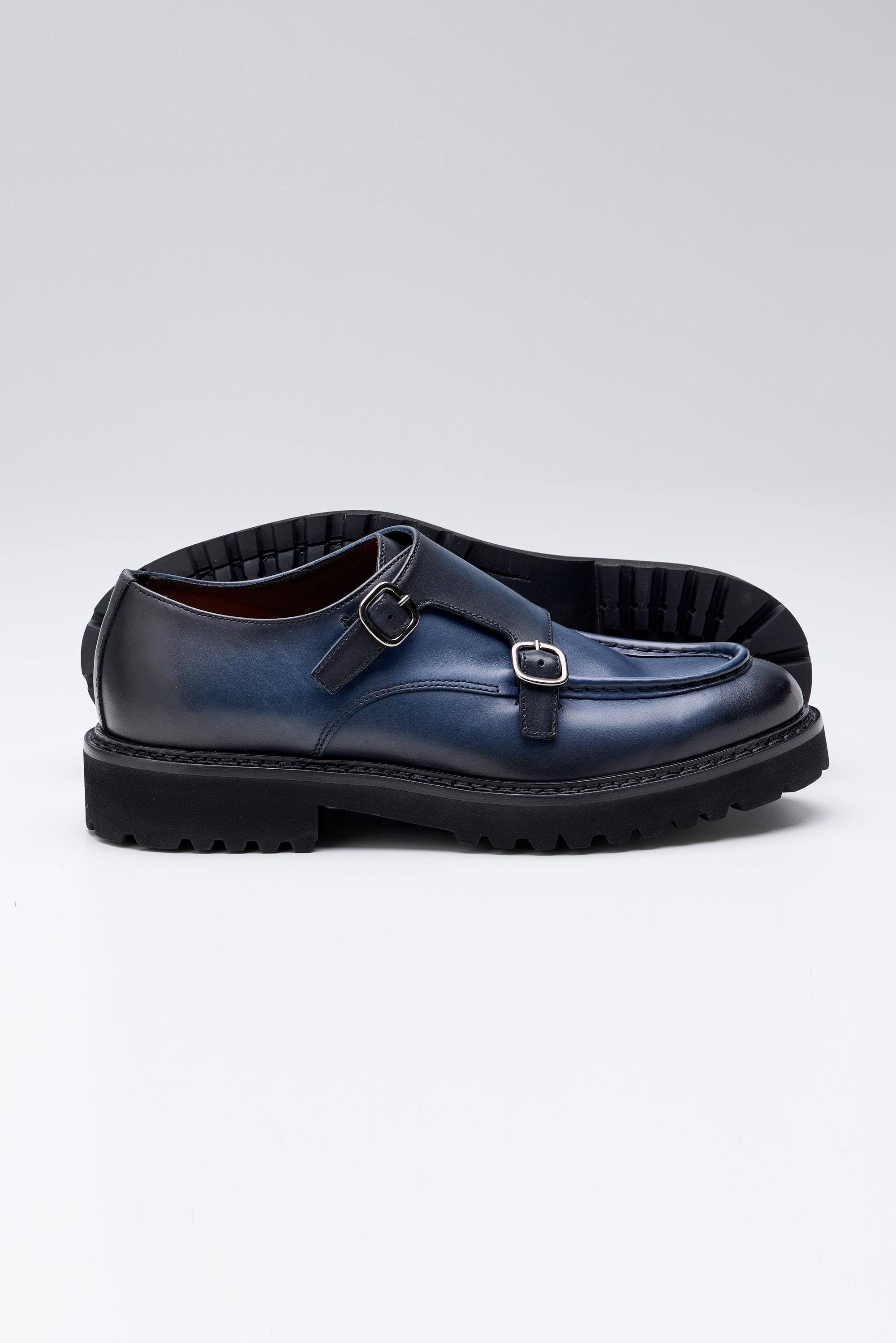 Lacivert Çift Tokalı Deri Ayakkabı