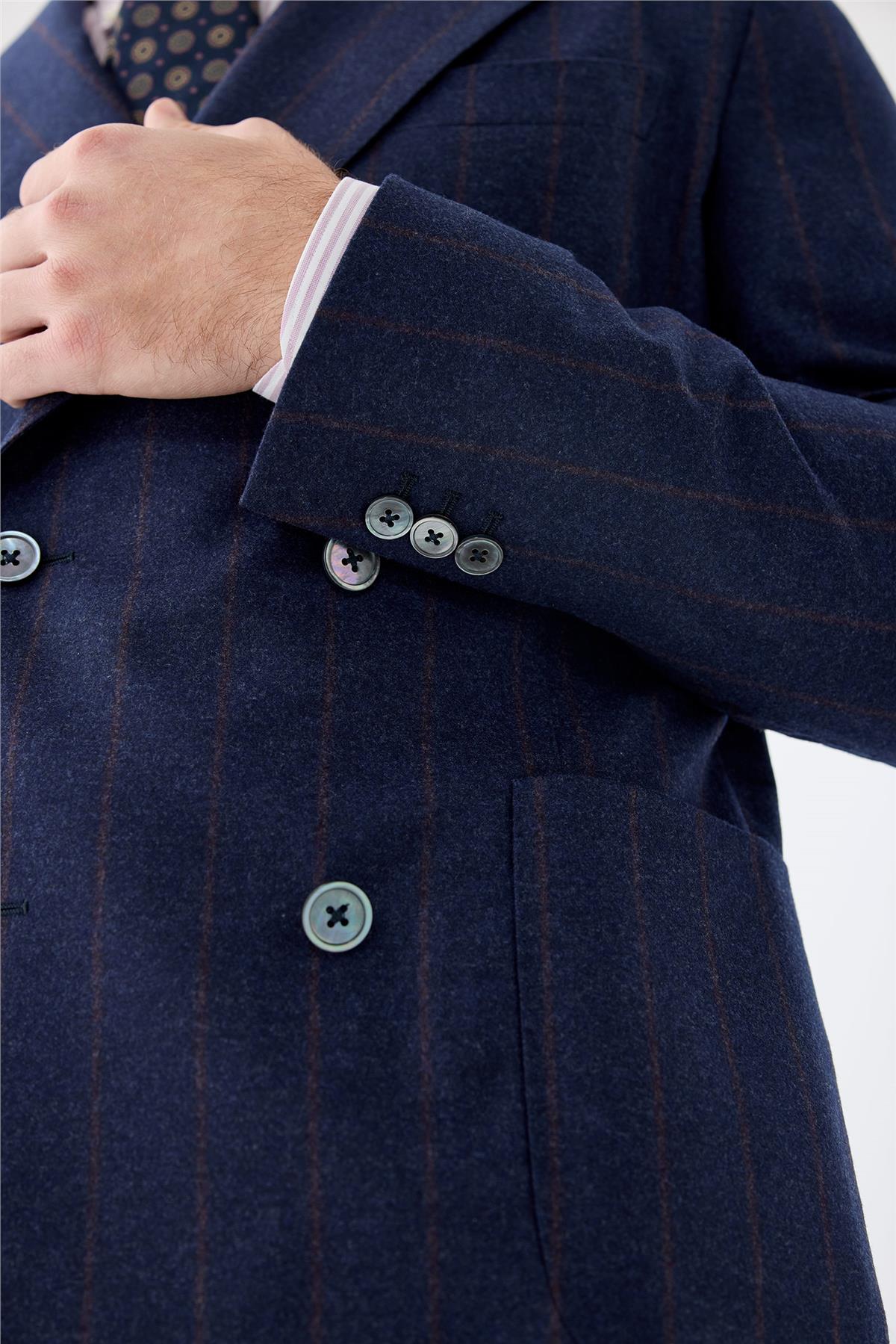 Lacivert Çizgili Kruvaze Yün Takım Elbise