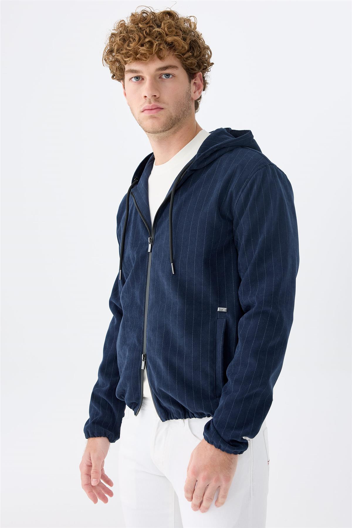 Lacivert Çizgili Running  Pamuk Mont