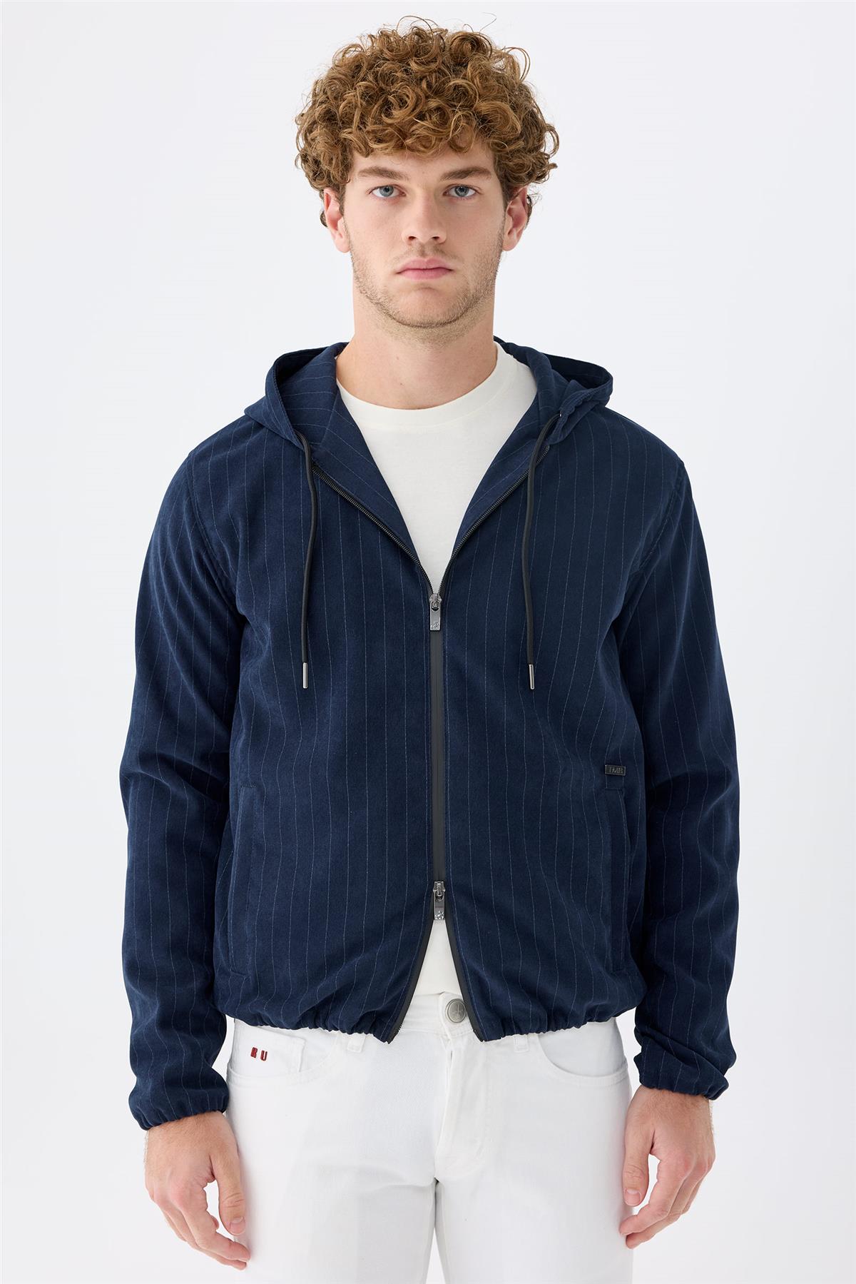 Lacivert Çizgili Running  Pamuk Mont