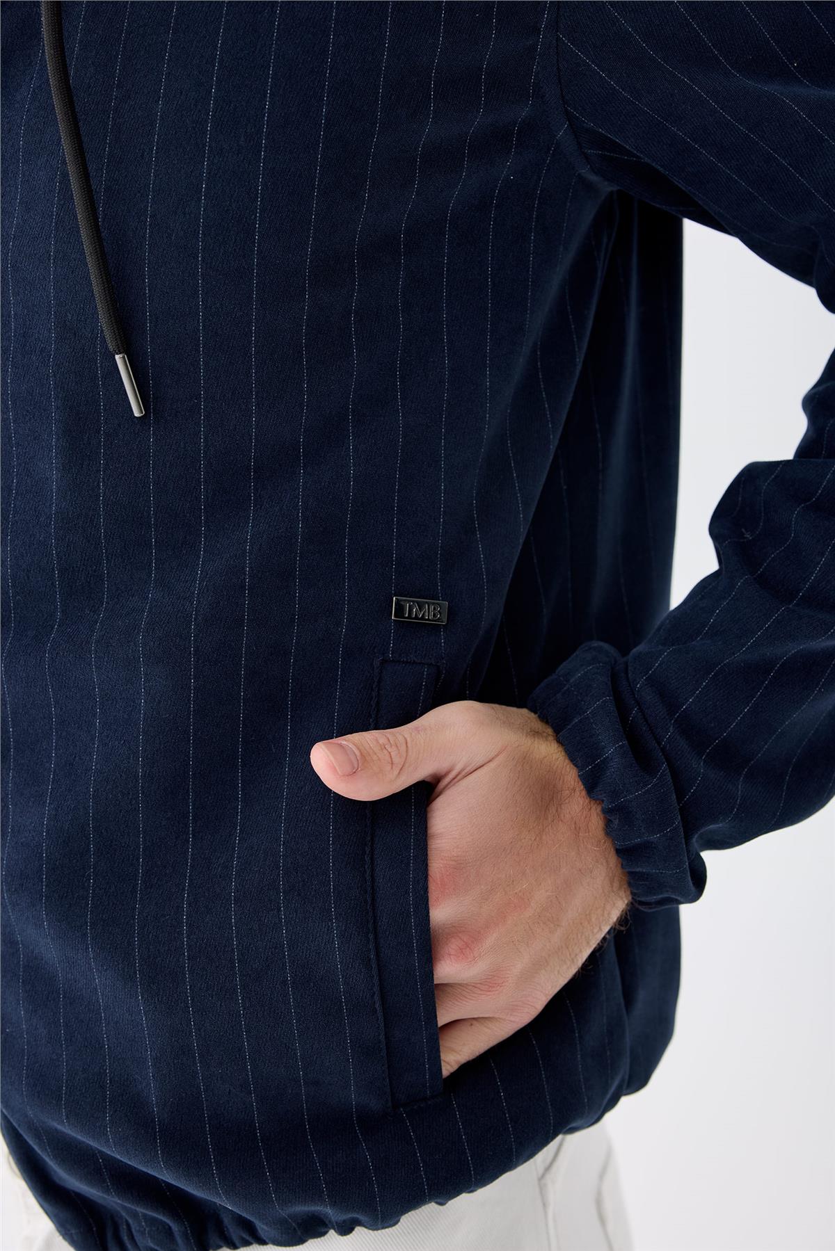 Lacivert Çizgili Running  Pamuk Mont